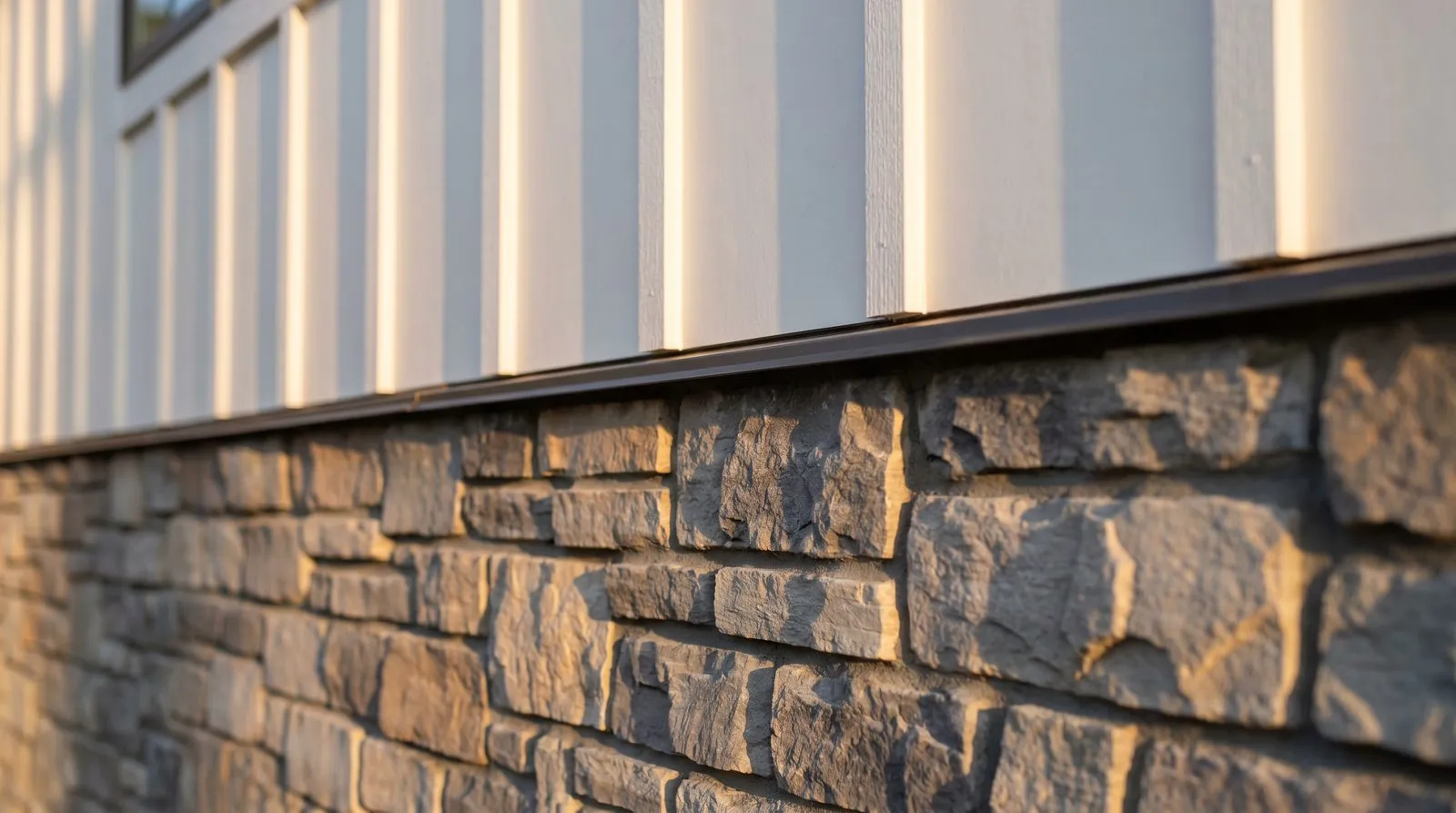 Vertical siding above stone veneer on a home