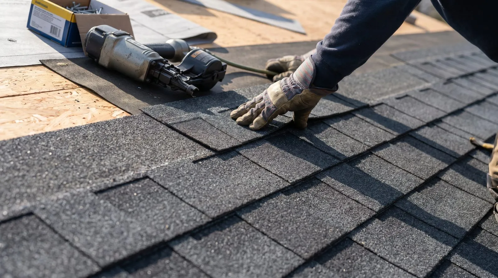 Hands installing asphalt shingles on a roof