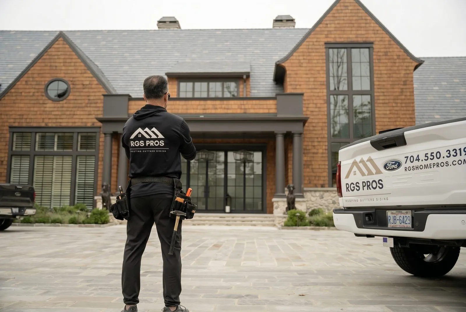 Tony Garay, owner of RGS Home Pros, on the job in front of a Lake Norman home